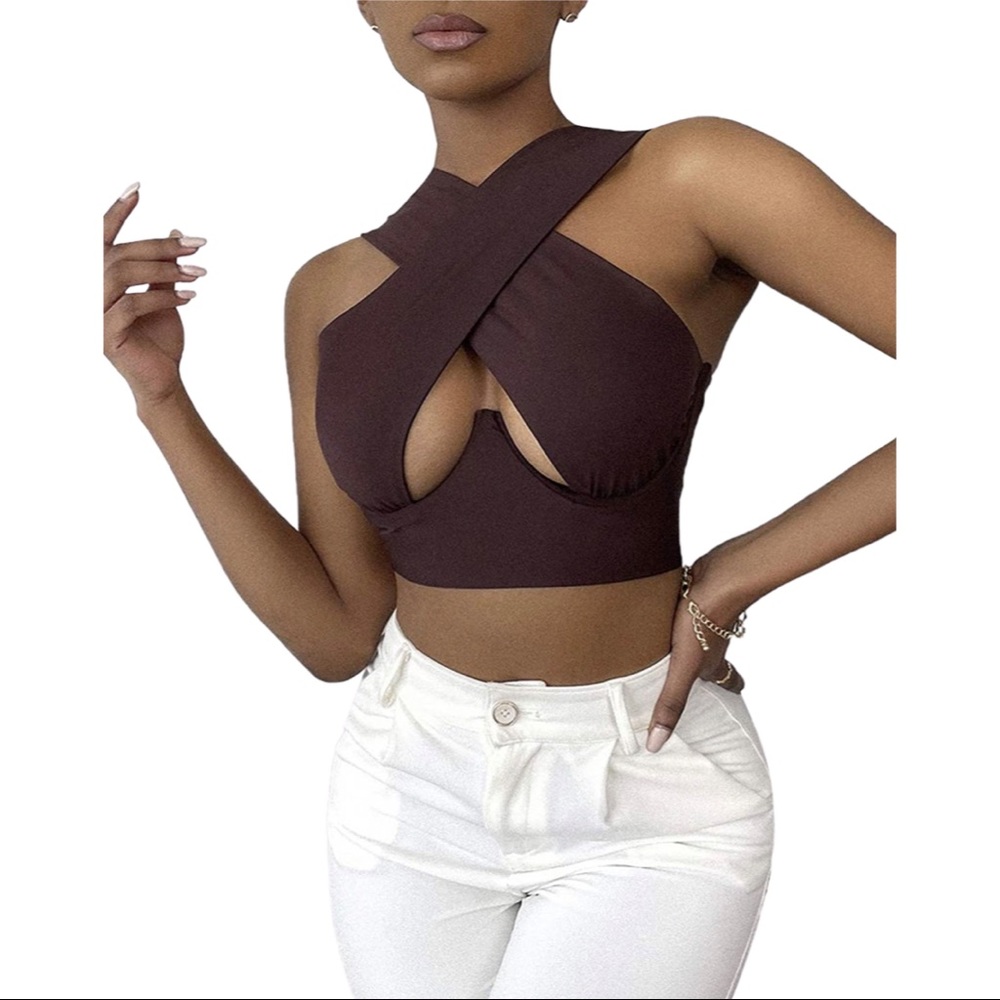 SheIn Women's Crisscross Cut Out Vest Halter Wrap Crop Top Solid Cami Tank Tops